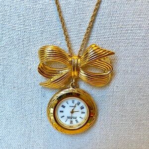 Joan Rivers Classic Bow Pendant Watch Brooch Gold Tone